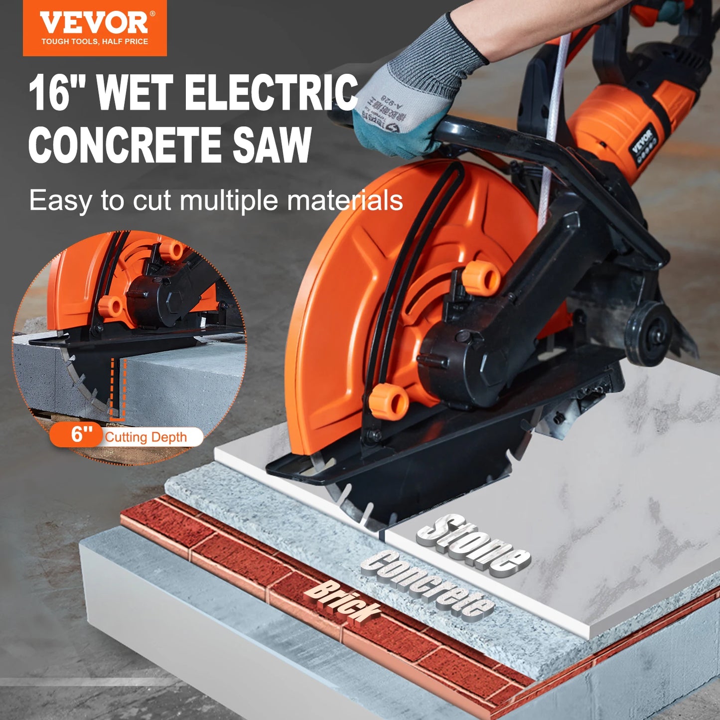 SucceBuy Electric Concrete Saw 16 in 3200 W 15 A Motor Circular Saw Cutter with Max. 6 in Adjustable Cutting Depth Wet Disk Saw