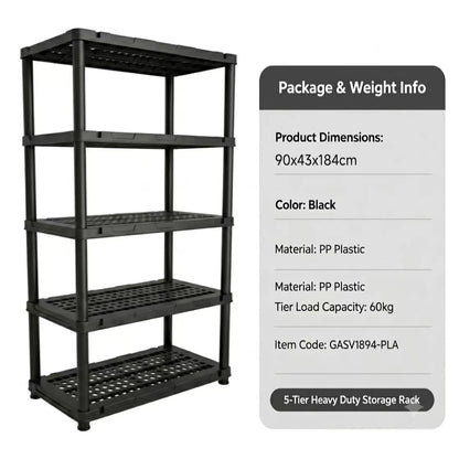 4 & 5 Tier Plastic Storage Shelving Unit, Heavy Duty Black PP Utility Rack, 3 Sizes Available Waterproof Organizer for Garage Kitchen Basement Laundry Pantry
