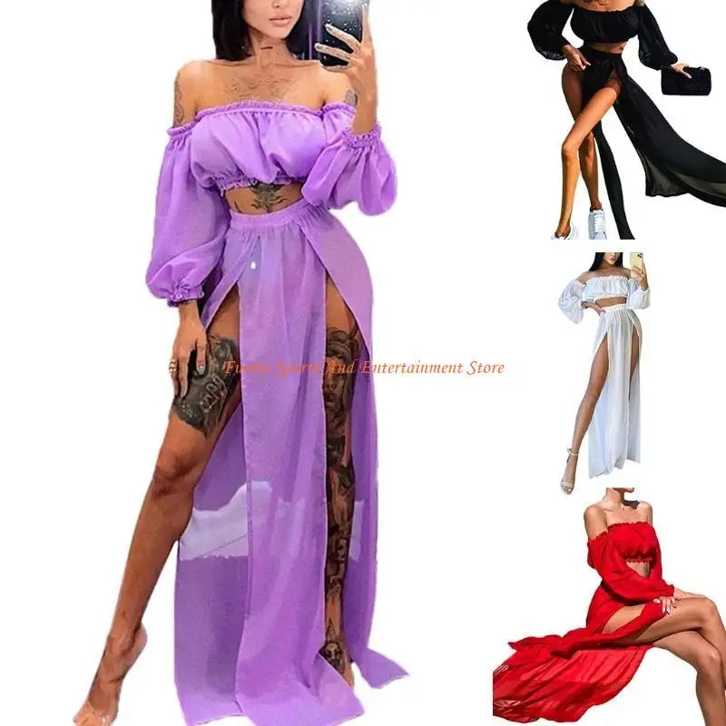 C4DE Women Sexy 2 Piece Swimsuit Cover Up Beach Outfits Set Sheer Mesh Puff Long Sleeve Off Shoulder Crop Top High Waist