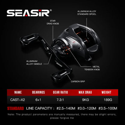 SEASIR Cast X2 Baitcasting Reel 7.3:1 Hybrid Ceramic Bearing Carbon Fiber Washer Dual Bearing System N52 Brake Fishing Reels