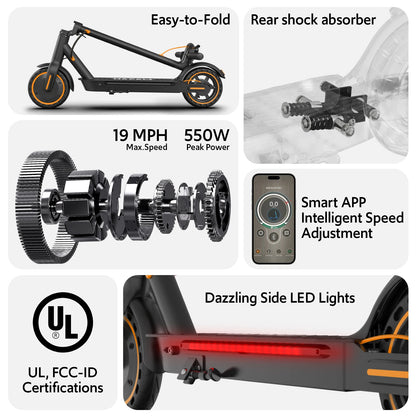 Electric Scooter for Adults, 550W Peak Motor & 19-Mile Range, 360° Lighting, Foldable E-Scooter with App Control