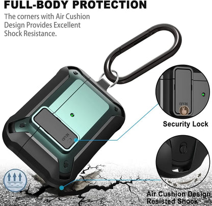 For Airpods 4/Pro 2/AirPods 1/2/3 Case with Lock, Rugged Shell Military Armor Protective Cover Wireless Earphone With Keychain