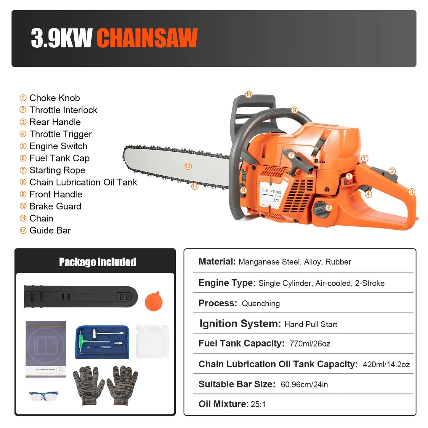 72CC 24" 2 Stroke Durable Chainsaw. well built, easy to start.