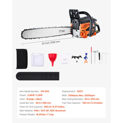 SucceBuy 62 cc Gas Chainsaw 20 in Gas Powered Chainsaw 3.8 HP Power Chain Saw with  Handle with Dual Fuel Tanks For Wood Cutting