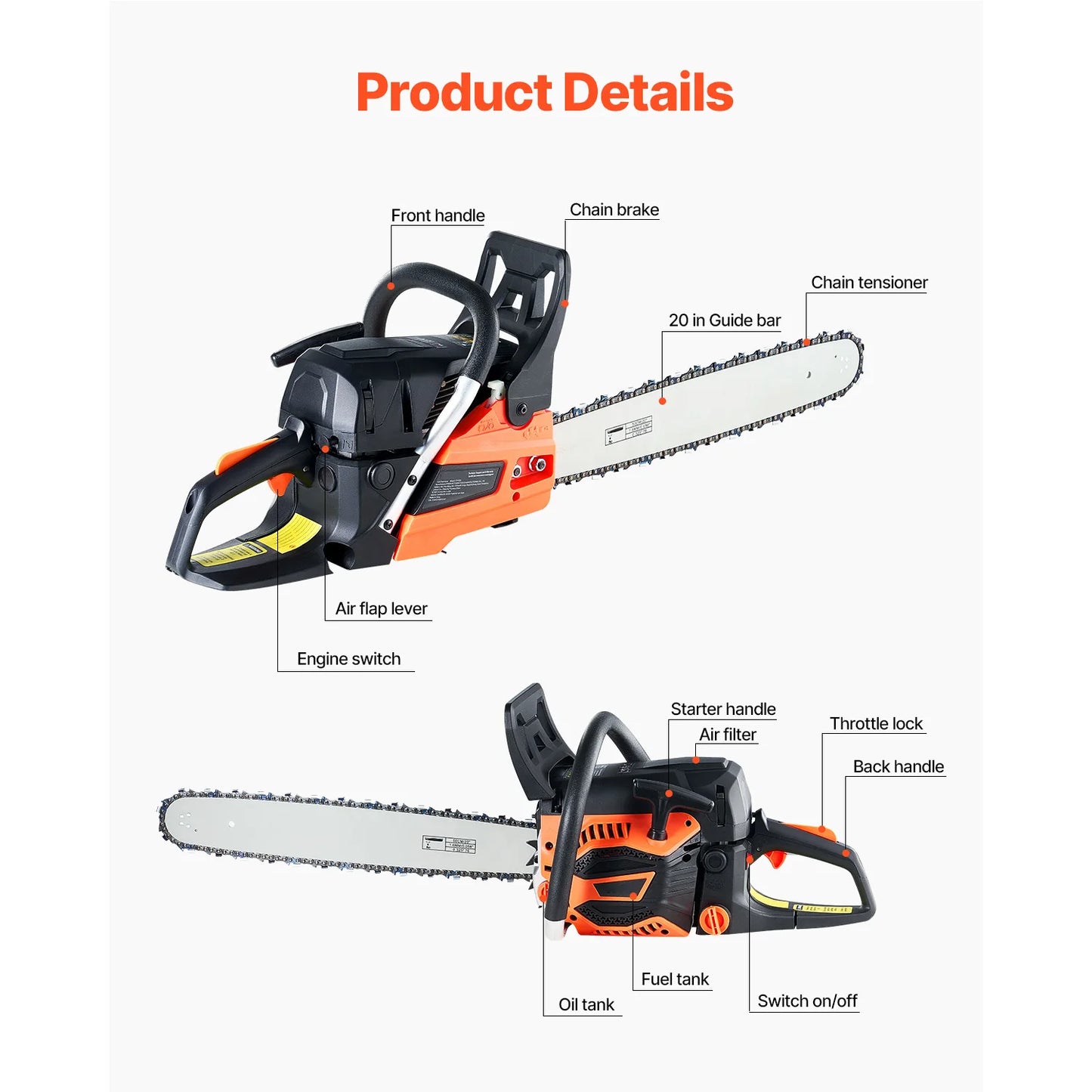 SucceBuy 62 cc Gas Chainsaw 20 in Gas Powered Chainsaw 3.8 HP Power Chain Saw with  Handle with Dual Fuel Tanks For Wood Cutting
