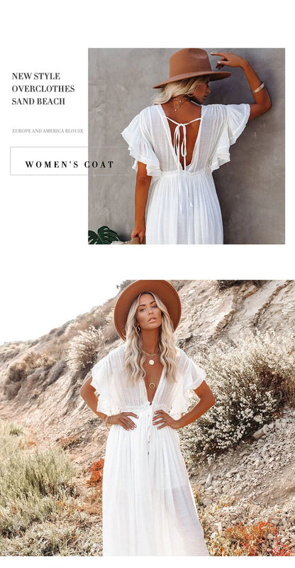 Sexy Bikini Cover-ups Long White Tunic Casual Summer Beach Dress Elegant Women Clothing Beach Wear Swim Suit Cover Up Q1982