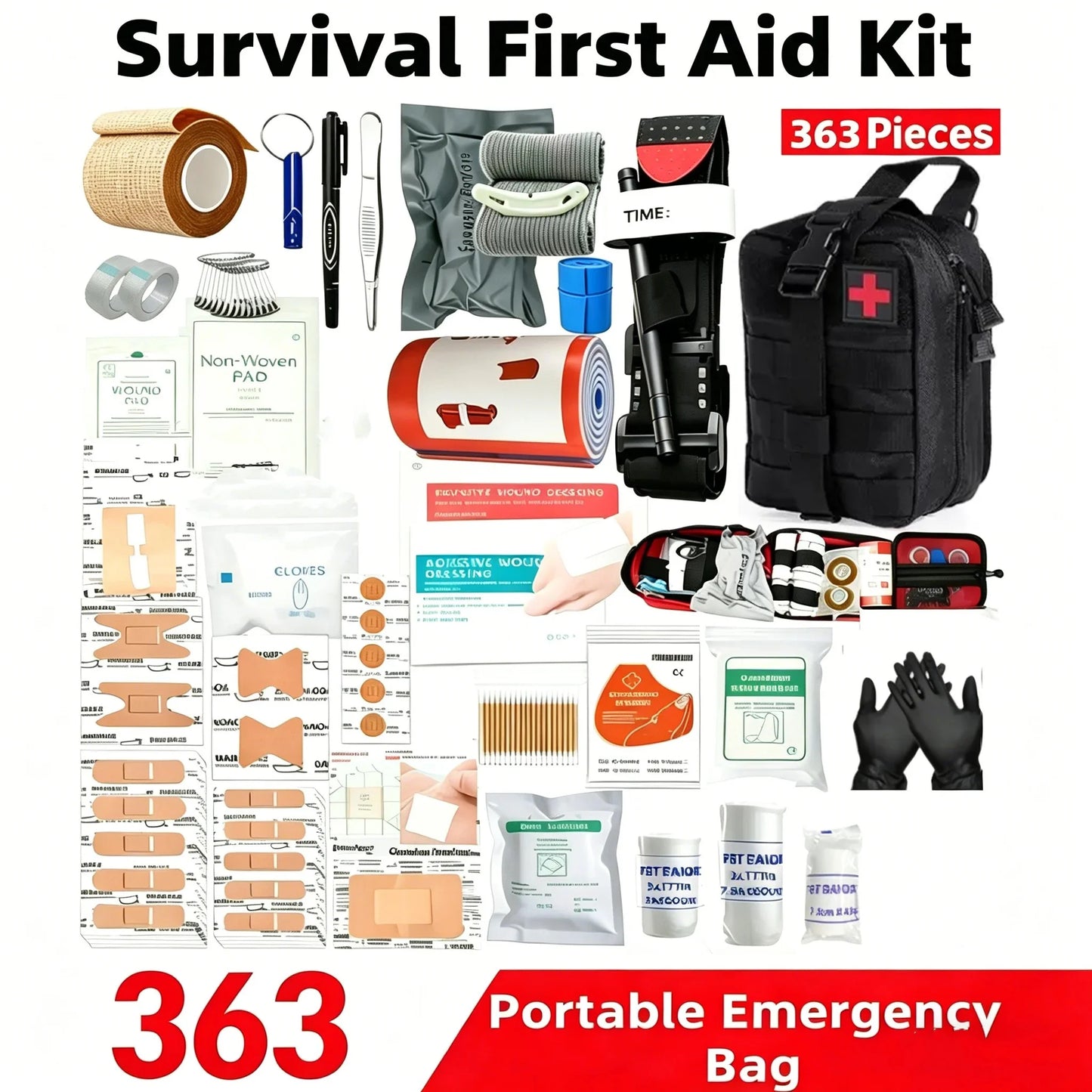 363pcs First Aid Kit Bag All Purpose Emergency Survival Home Car Office Travel Camping Outdoor Boating Essential Medical Bag