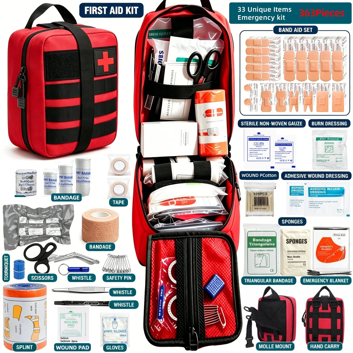 363pcs First Aid Kit Bag All Purpose Emergency Survival Home Car Office Travel Camping Outdoor Boating Essential Medical Bag