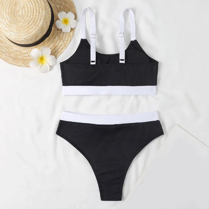 Color Block Swimsuits for Women Crew Neck Ribbed Stripe Bikini Bra High Waist Traceless Breath Comfty Fashion Bikinis Shorts