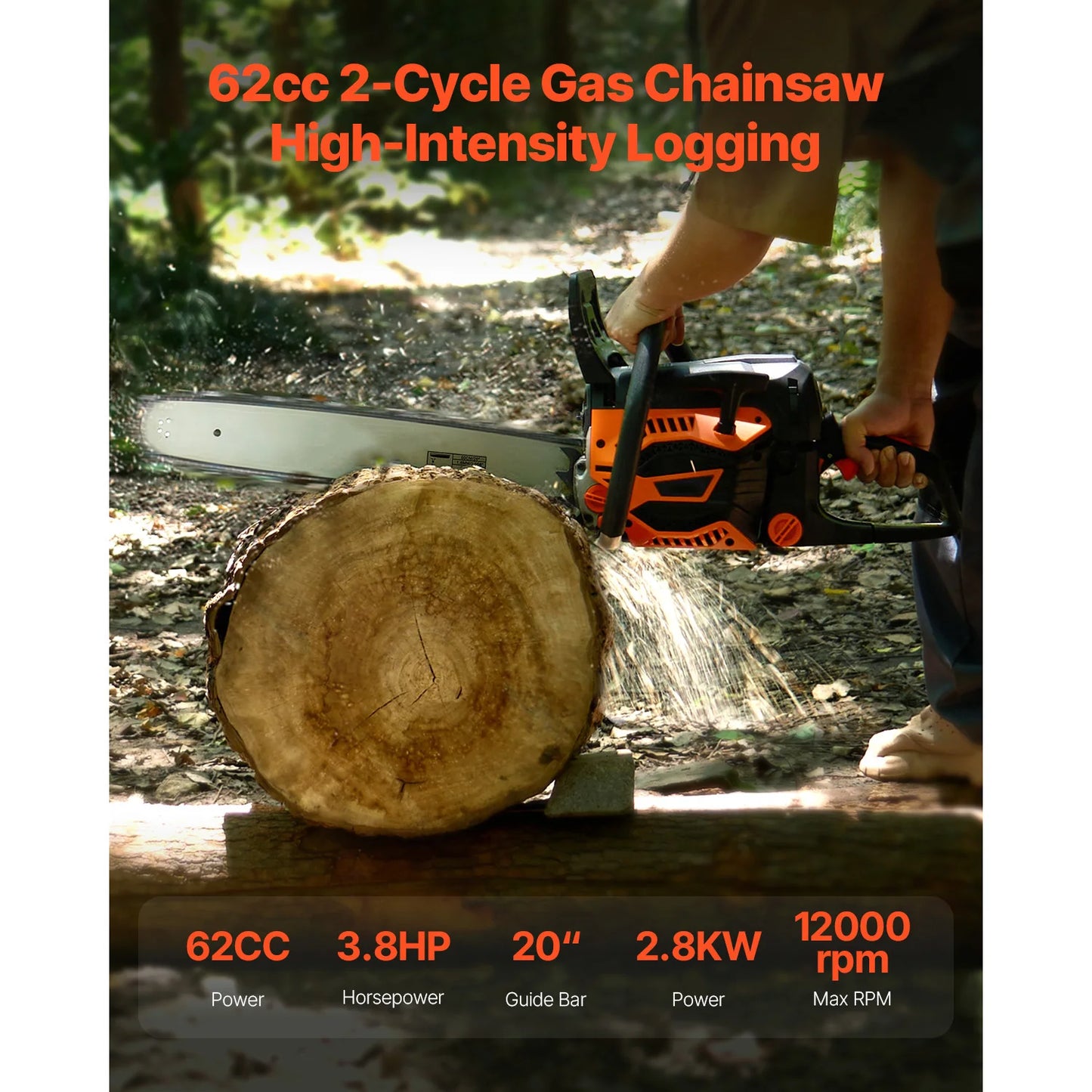 SucceBuy 62 cc Gas Chainsaw 20 in Gas Powered Chainsaw 3.8 HP Power Chain Saw with  Handle with Dual Fuel Tanks For Wood Cutting
