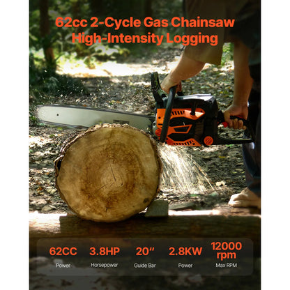 SucceBuy 62 cc Gas Chainsaw 20 in Gas Powered Chainsaw 3.8 HP Power Chain Saw with  Handle with Dual Fuel Tanks For Wood Cutting