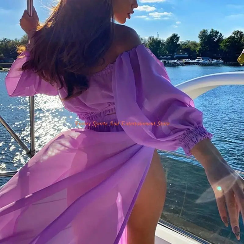 C4DE Women Sexy 2 Piece Swimsuit Cover Up Beach Outfits Set Sheer Mesh Puff Long Sleeve Off Shoulder Crop Top High Waist