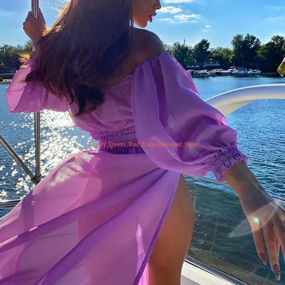 C4DE Women Sexy 2 Piece Swimsuit Cover Up Beach Outfits Set Sheer Mesh Puff Long Sleeve Off Shoulder Crop Top High Waist