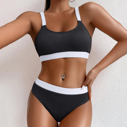 Color Block Swimsuits for Women Crew Neck Ribbed Stripe Bikini Bra High Waist Traceless Breath Comfty Fashion Bikinis Shorts