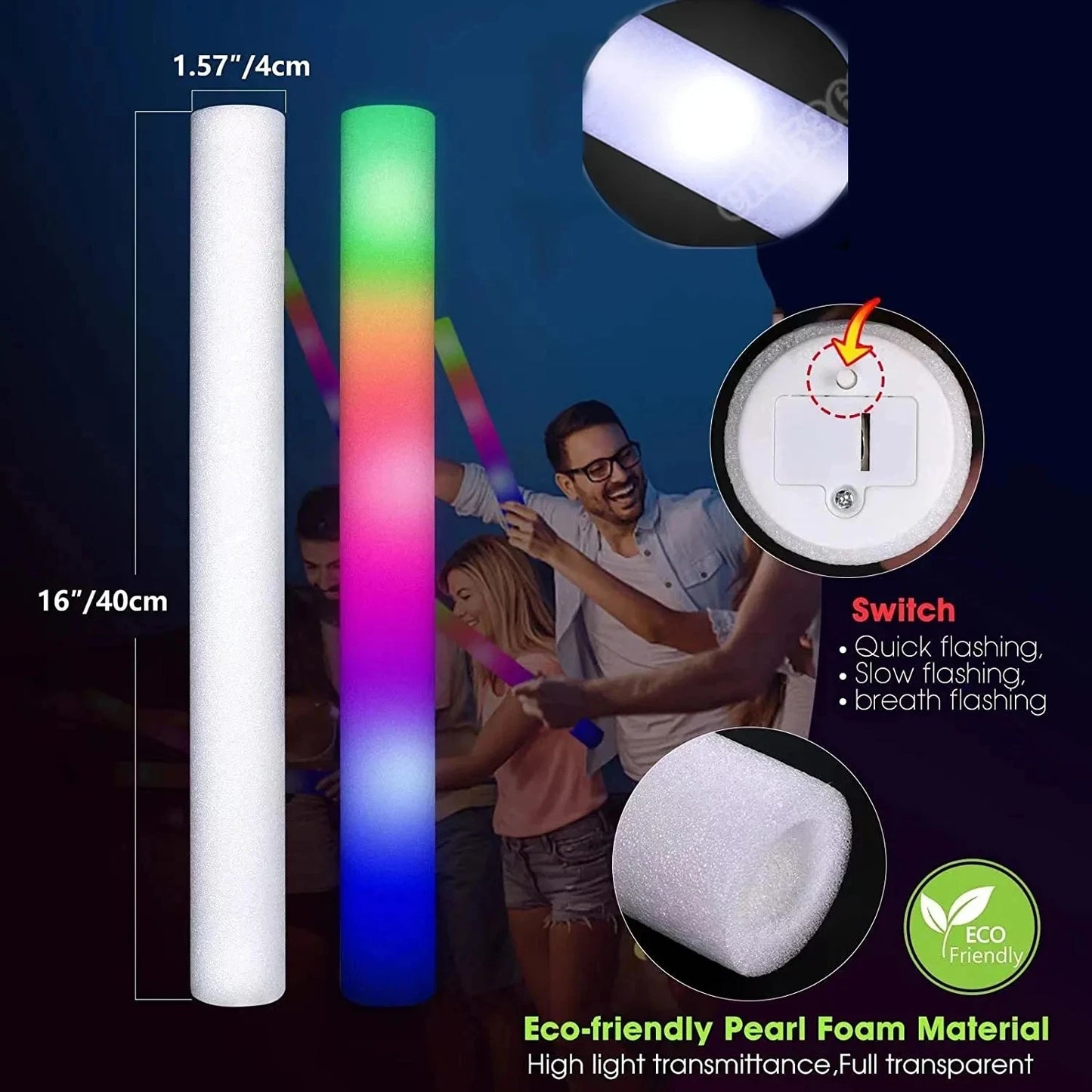 10/20/30/40/50/60pcs Customizable Colorful RGB LED Glow Sticks Glow Foam Stick Wedding Halloween Christmas Party Decoration
