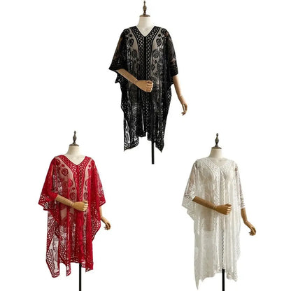 Fashion Lace Mesh Sunscreen Beach Cover Up Floral Plus Size Swimsuit Cover Up Transparent Casual Sun-Protective Top Women