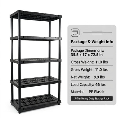 4 & 5 Tier Plastic Storage Shelving Unit, Heavy Duty Black PP Utility Rack, 3 Sizes Available Waterproof Organizer for Garage Kitchen Basement Laundry Pantry