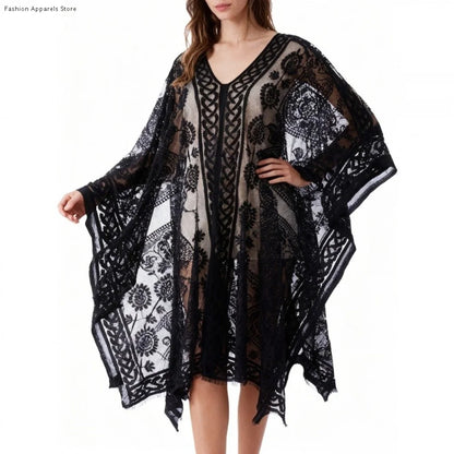 Fashion Lace Mesh Sunscreen Beach Cover Up Floral Plus Size Swimsuit Cover Up Transparent Casual Sun-Protective Top Women