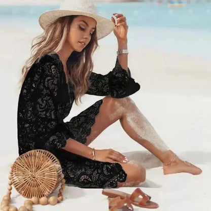 Summer Bikini Cover-ups Women Mini Dress White Lace Hollow Crochet Bathing Suit Swimsuit Tunic Sarong Wrap Beachwear