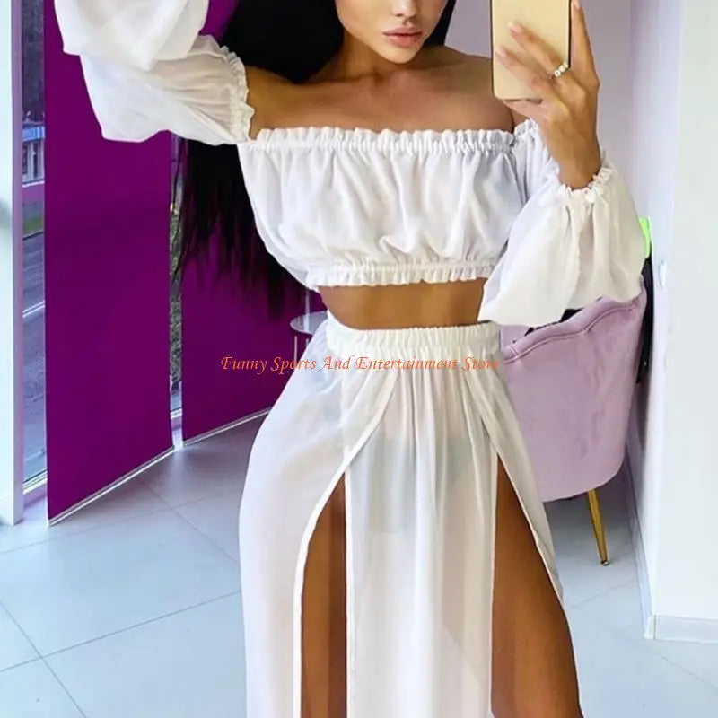 C4DE Women Sexy 2 Piece Swimsuit Cover Up Beach Outfits Set Sheer Mesh Puff Long Sleeve Off Shoulder Crop Top High Waist