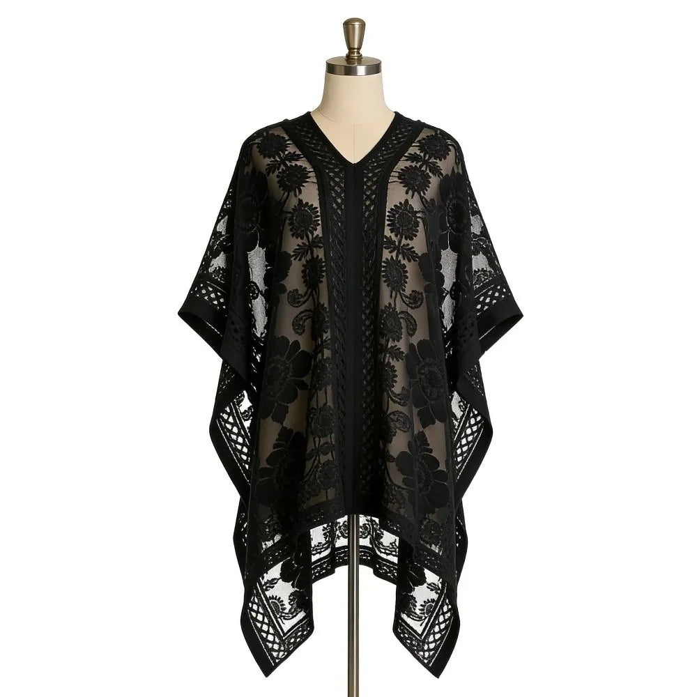 Fashion Lace Mesh Sunscreen Beach Cover Up Floral Plus Size Swimsuit Cover Up Transparent Casual Sun-Protective Top Women