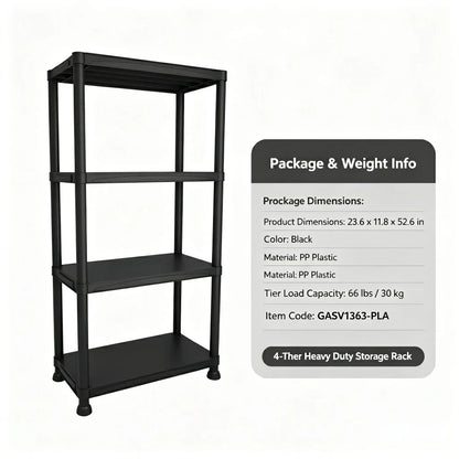 4 & 5 Tier Plastic Storage Shelving Unit, Heavy Duty Black PP Utility Rack, 3 Sizes Available Waterproof Organizer for Garage Kitchen Basement Laundry Pantry