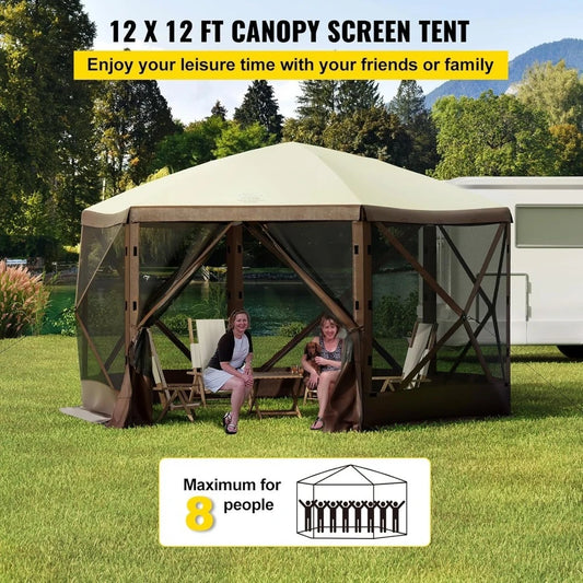 VEVOR 12 * 12ft 6 Sided Pop-up Canopy Shelter Tent with Mesh Windows, Portable Carry Bag, Stakes, Large Shade for
