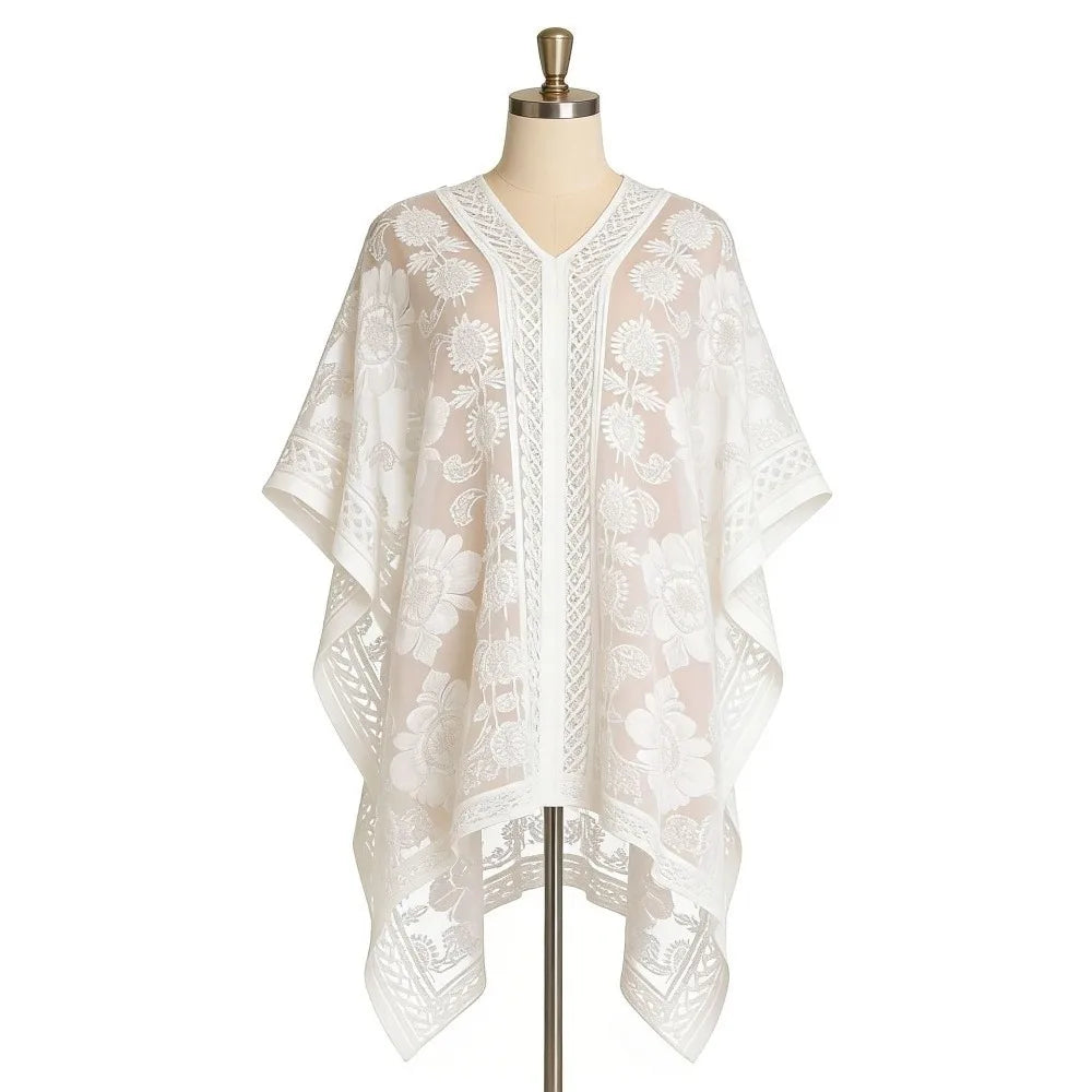 Fashion Lace Mesh Sunscreen Beach Cover Up Floral Plus Size Swimsuit Cover Up Transparent Casual Sun-Protective Top Women