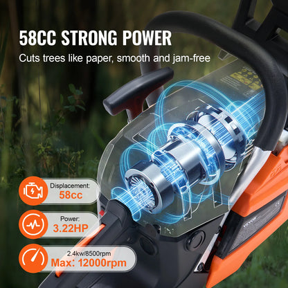 SucceBuy Gas Chainsaw 58CC 20" 3.22HP Handheld Cordless Petrol Chainsaws for Tree Wood Branch Farm  Ranch Forest Cutting Use