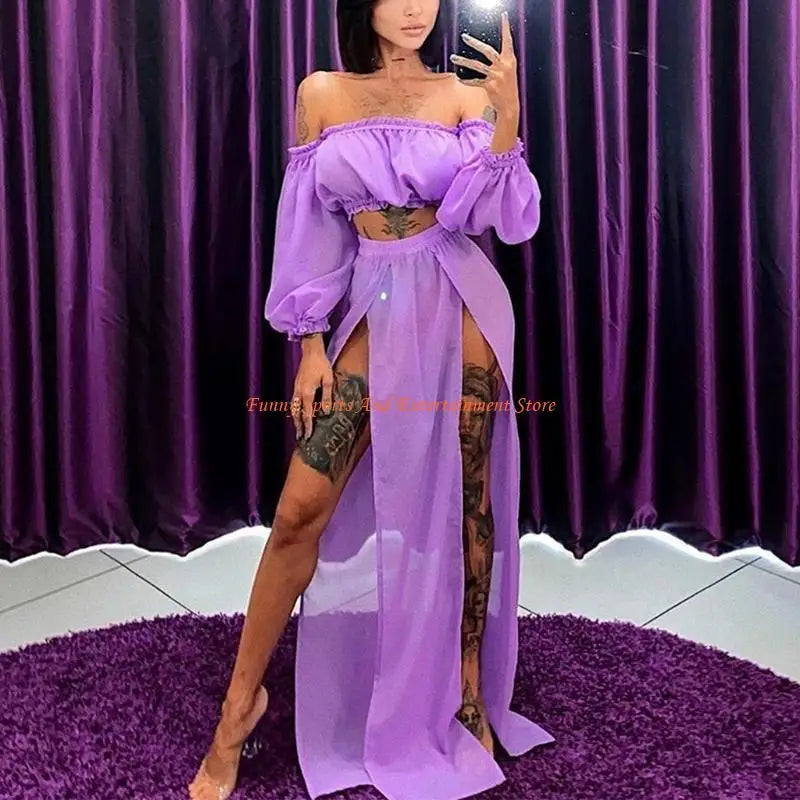 C4DE Women Sexy 2 Piece Swimsuit Cover Up Beach Outfits Set Sheer Mesh Puff Long Sleeve Off Shoulder Crop Top High Waist